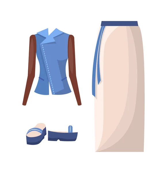 Jeansjacka, lång kjol med bälte och Flipflops — Stock vektor