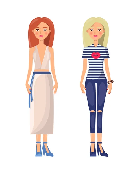 Mooie meisjes in jeugdige stijlvolle zomer kleding — Stockvector
