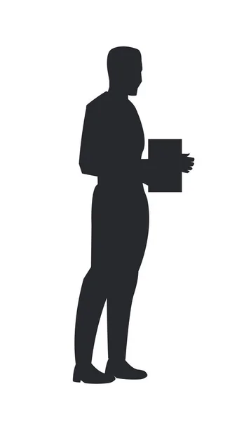 Hombre con Libro en Manos Vista Lateral Negro Silueta — Vector de stock