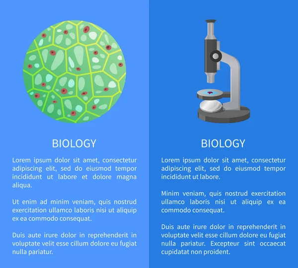 Cartaz de Biologia com Célula, Vetor de Dispositivo de Microscópio —  Vetores de Stock