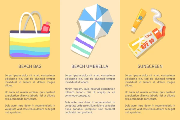 Set Posters of Beach Bag, Umbrella, Sunscreen - Stok Vektor