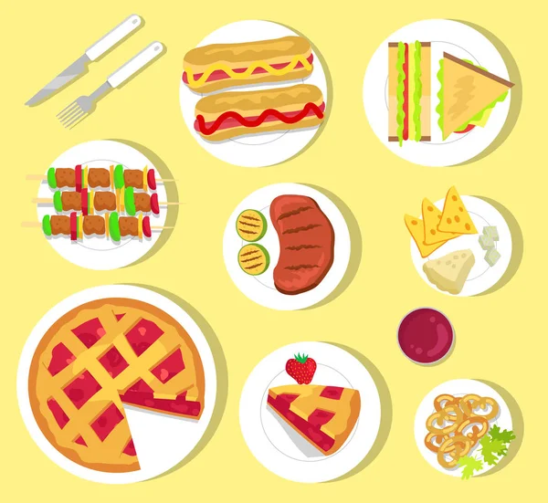 Deliciosa comida rápida para picnic de verano con cubiertos — Vector de stock