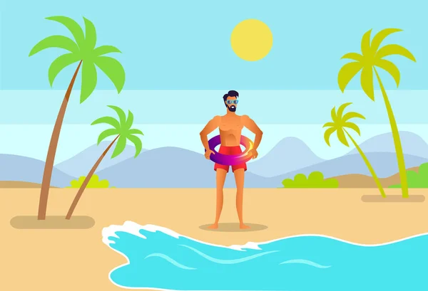Uomo in Trunks con anello gonfiabile sulla spiaggia tropicale — Vettoriale Stock
