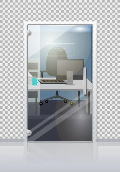 Interior de la oficina a través de la puerta de vidrio Vector plano — Vector de stock