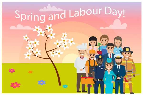 Toutes les professions de service sur la carte de la fête du travail du printemps — Image vectorielle