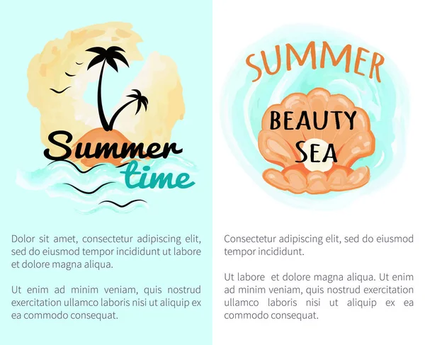 Belleza horario de verano con concha de mar abierta con perla — Archivo Imágenes Vectoriales