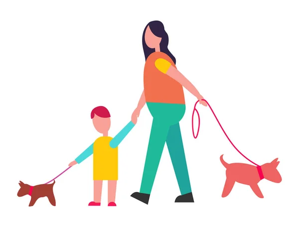 Mother and Son Walking Little Dogs Illustration — Stock Vector