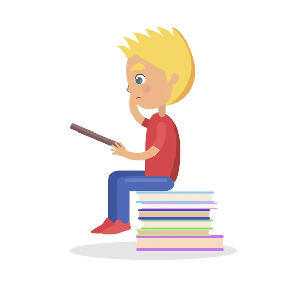 Προφίλ του ξανθό αγόρι κάθεται στο σωρό των βιβλίων — Διανυσματικό Αρχείο