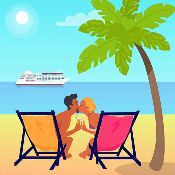 Couple on Recliners at Beach and Liner in Sea — Stock Vector