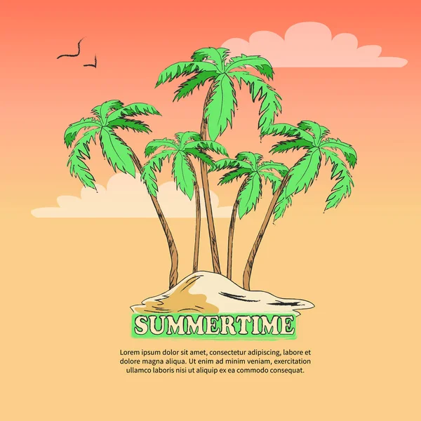 Летний плакат, изображающий остров с пальмами — стоковый вектор