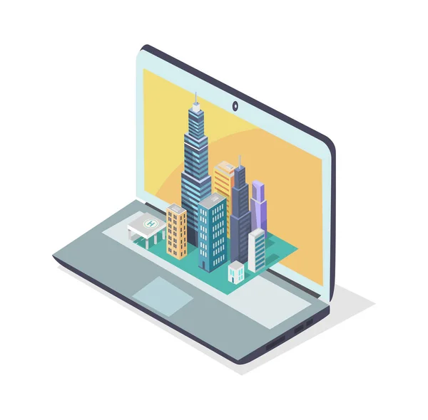 Mockup de la ciudad moderna situado en el ordenador portátil, cartel de color — Vector de stock