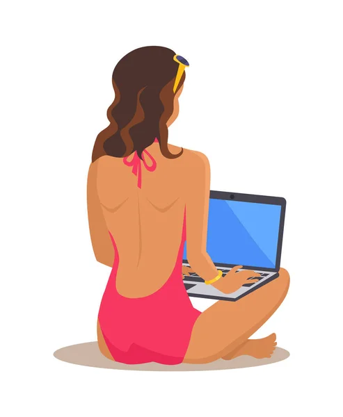 Freelance vrouw en Laptop vectorillustratie — Stockvector