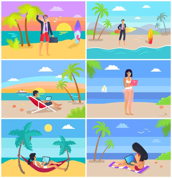 Μακρινό δουλειά freelance και υπόλοιπο για την παραλία το καλοκαίρι — Διανυσματικό Αρχείο