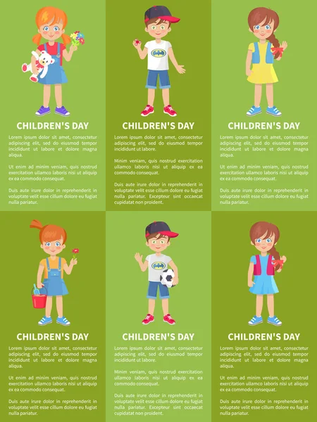 Día de la Infancia Web Banners con Niños y Niñas Diversión — Vector de stock