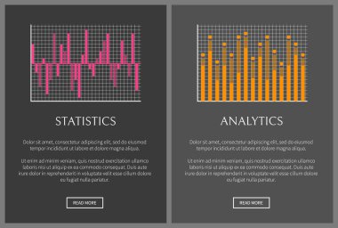 İstatistikler ve analytics sayfaları kümesi ve metin örnek grafikler ve grafik çizimleri, düğmeler ve stat ve analitik olarak izole vektör çizim