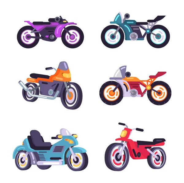 Conjunto de vários itens planos de motos. motos de desenho animado,  motocicletas, scooters e coleção de ilustração vetorial isolado de  bicicletas. conceito de transporte e entrega
