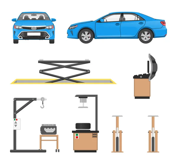 Σύνολο εργαλείων για την επισκευή αυτοκινήτων και μπλε σεντάν — Διανυσματικό Αρχείο