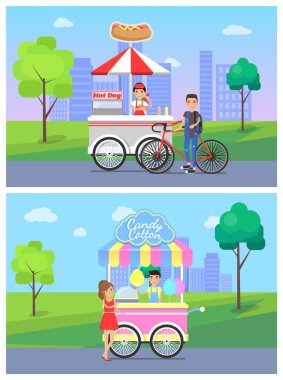 Sosisli sandviç ve şeker pamuk vektör çizim Stand