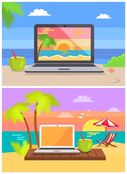 Laptops Cocktails Coleção Vector Ilustração — Vetor de Stock