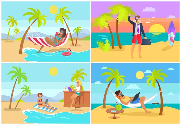 Freelancers Colección Seaside Vector Illustration — Archivo Imágenes Vectoriales