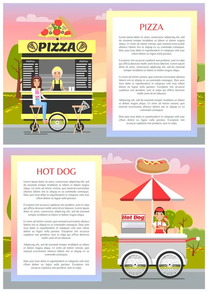 Πίτσα και χοτ-ντογκ περίπτερα με ρόδες, νόστιμο φαγητό — Διανυσματικό Αρχείο