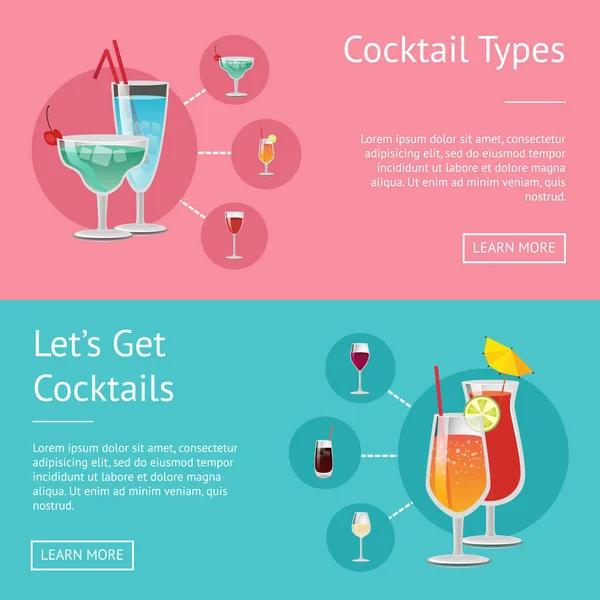 Types de cocktails Permet d'obtenir des cocktails Ensemble d'affiches — Image vectorielle