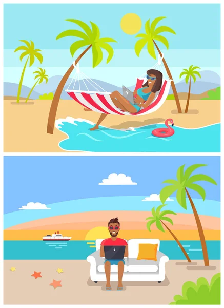 Freelance by Seaside Set, ilustração vetorial —  Vetores de Stock