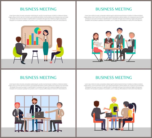 Business Meeting Banner con Operaio intorno al tavolo — Vettoriale Stock