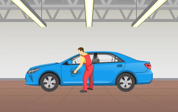 Auto Polieren in der Garage Job Vektor Illustration — Stockvektor
