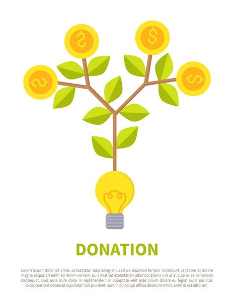 Emblema promocional de donación con dinero en el árbol — Vector de stock