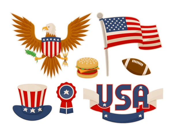 Various American Symbols Vector Set Illustration — Stock Vector