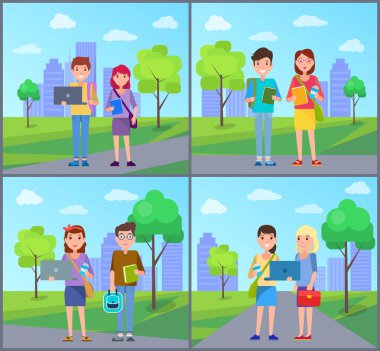 Kadın ve erkek öğrencilerin çanta vektör ile ayarla