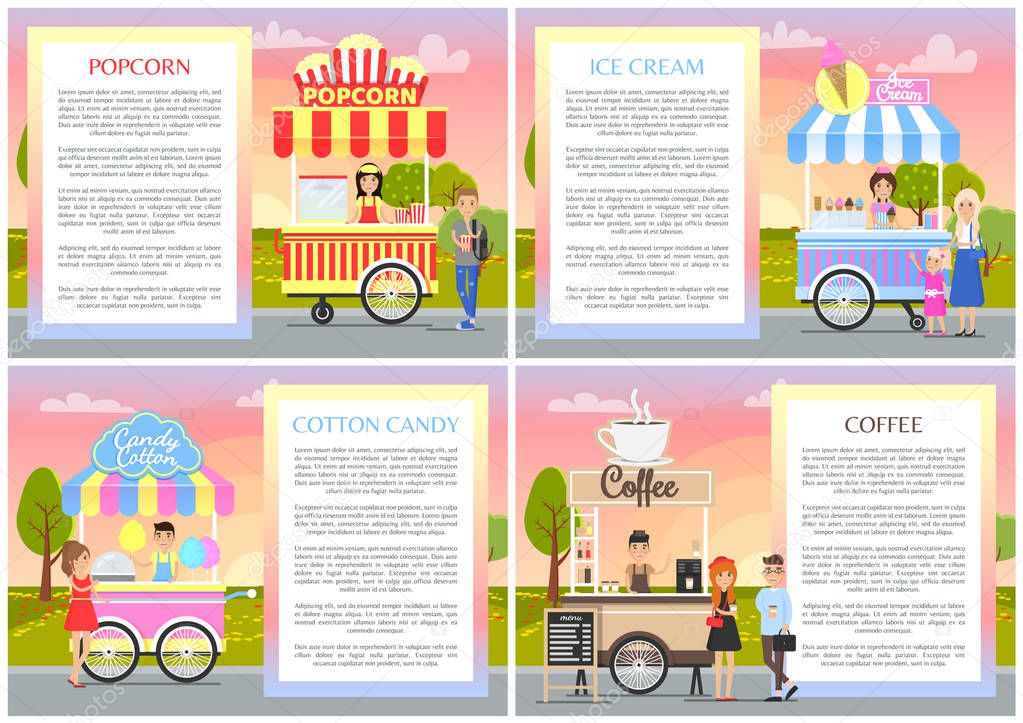 Ice Cream Cotton Candy Set Collection Of Posters With Titles Text Samples Coffee Popcorn Sellers And Park Isolated On Vector Illustration Add Info Premium Vector In Adobe Illustrator Ai Ai