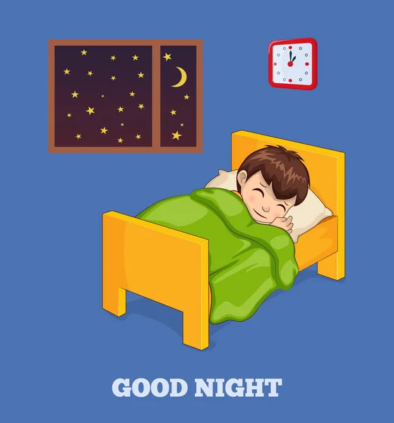 Buenas noches Poster wiith Niño en la cama debajo de la manta — Vector de stock