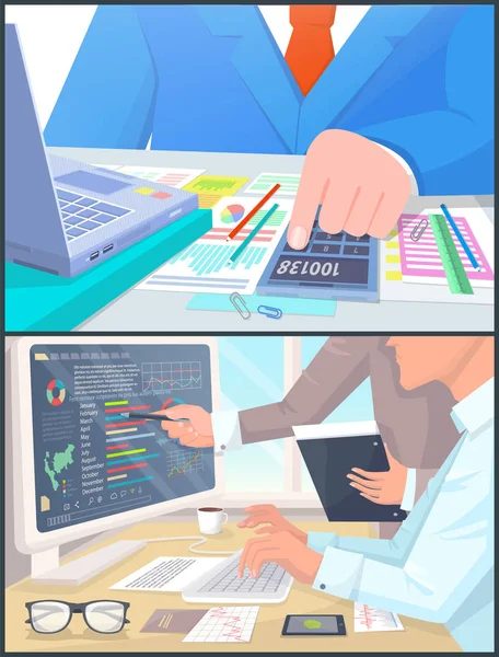 商界人士在电脑上工作 计算利润 图形在宽屏幕 简单小计算器与数字卡通矢量插图集 — 图库矢量图片