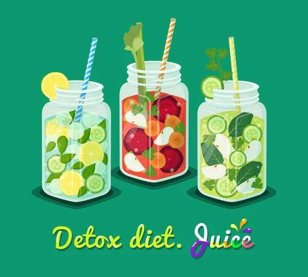 Detox dieta cartel taza conjunto vector ilustración — Vector de stock