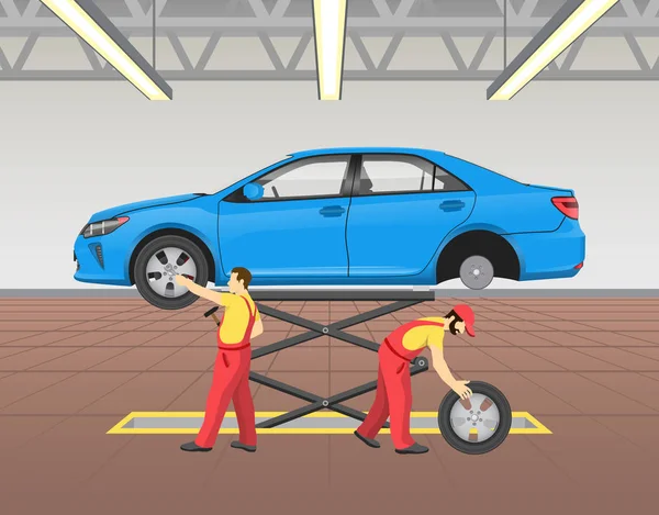 Angehoben Auto Reparatur Prozess Vektor Illustration — Stockvektor