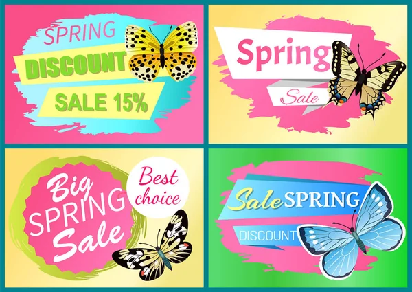 Venta de primavera etiquetas conjunto mariposa ornamento en alas — Vector de stock