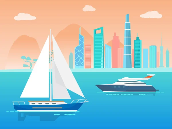 Velero y barco en City Vector Illustration — Vector de stock