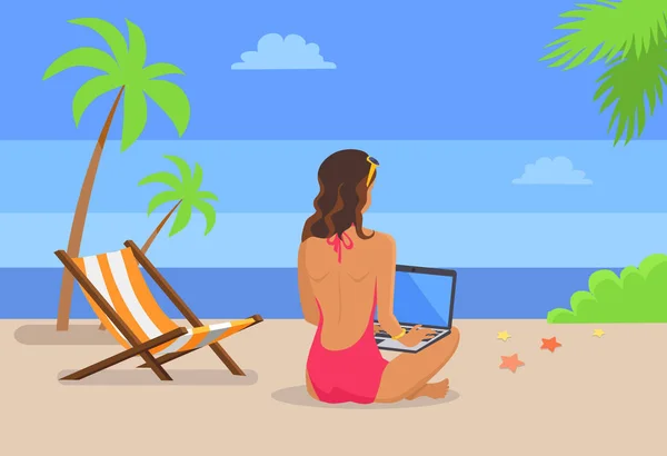 Girl-Freelancer trabaja en el ordenador portátil en Tropical Beach — Vector de stock