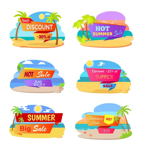 Hot Summer Sale Etiquetas promocionais com praia —  Vetores de Stock