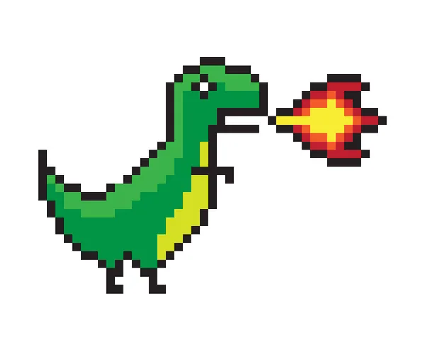 Dinosauro pericoloso che fa una fiamma, banner pixel a colori — Vettoriale Stock