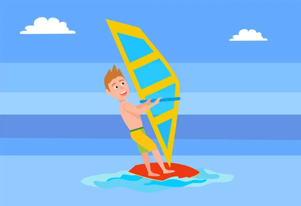 Sommersportaktivität Mann Auf Surfbrett Hält Segel Aufgeregter Mann Genießt Windsurfen — Stockvektor