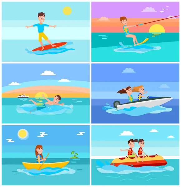 Actividades de verano Set Paisaje marino Vector Ilustración — Vector de stock
