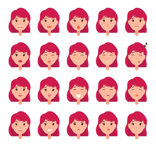 Woman emotions emoji of girl in good and bad mood, happy and depressed, sleepy and irritated female head vector illustration isolated on white big set