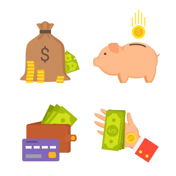 Saco con dinero y billetera Set Vector Ilustración — Archivo Imágenes Vectoriales