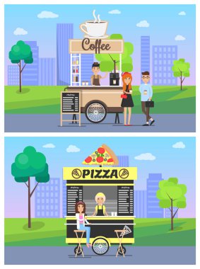 Kahve Pizza tezgahları koleksiyonu vektör çizim