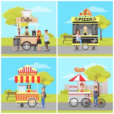 Pizza ve patlamış mısır, sosisli sandviç ve kahve arabaları ayarla