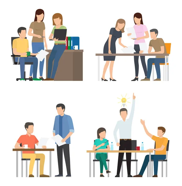 Teams Discuss Ideas for Startup at Office Set — Stock Vector