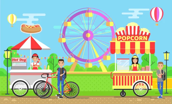 Carritos de comida callejera con vendedores en el parque de atracciones — Vector de stock